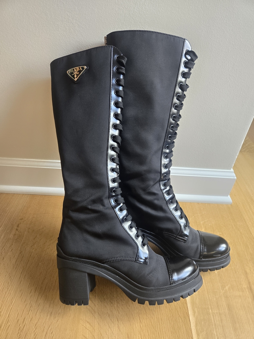 Prada Black Lace-Up Platform Tall Boots Size 9 EU40